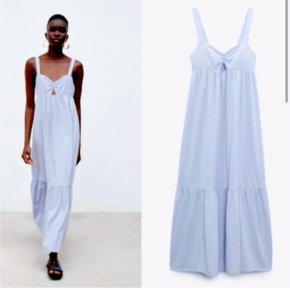 NWT - Zara Ice Blue Cotton Midi/ Maxi Dress with Cut Out and Flounce Hem sz L - Picture 1 of 10